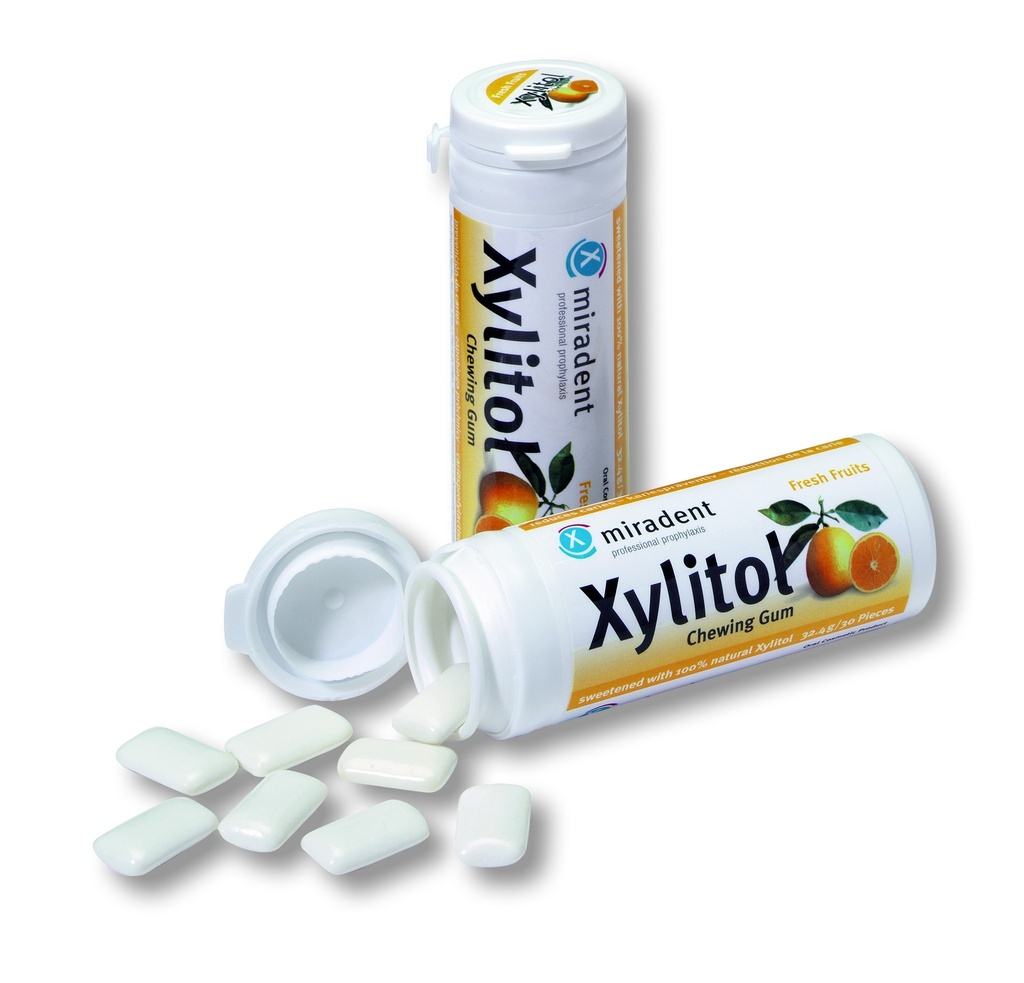 Chicles Xylitol  Miradent sabor Frutas bote 30 gr				