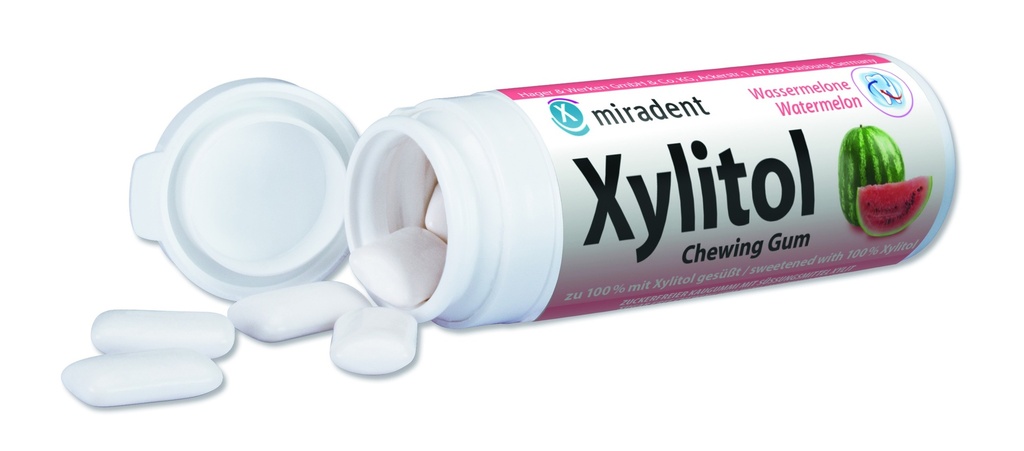 Chicles Xylitol Miradent sabor Sandia bote 30 gr Caja 12 botes