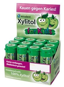 [12-635203] Chicle Xylitol Miradent para niños sabor Manzana Caja 12 botes