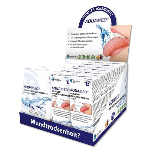 DISPLAY COMBINADO AQUAMED PASTILAS Y SPRAY ORAL BOCA SECA CON XILITO
