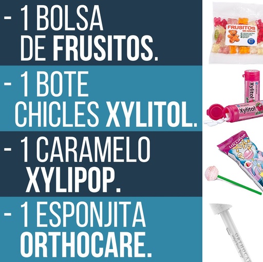 PACK Frusitos - Xylitol - Orthocare Varios: 1 bols de Frusitos, 1 bot chicles Xylitol, 1 caramelo Xylipop, 1 esponjita Orthocare